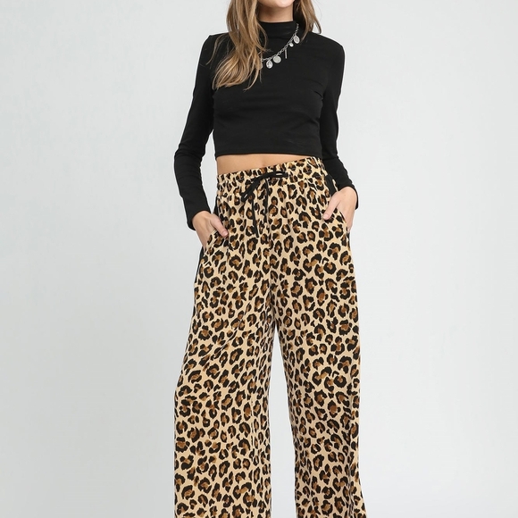 Umgee Pants - Umgee Leopard Print Wide-Leg Drawstring Pants